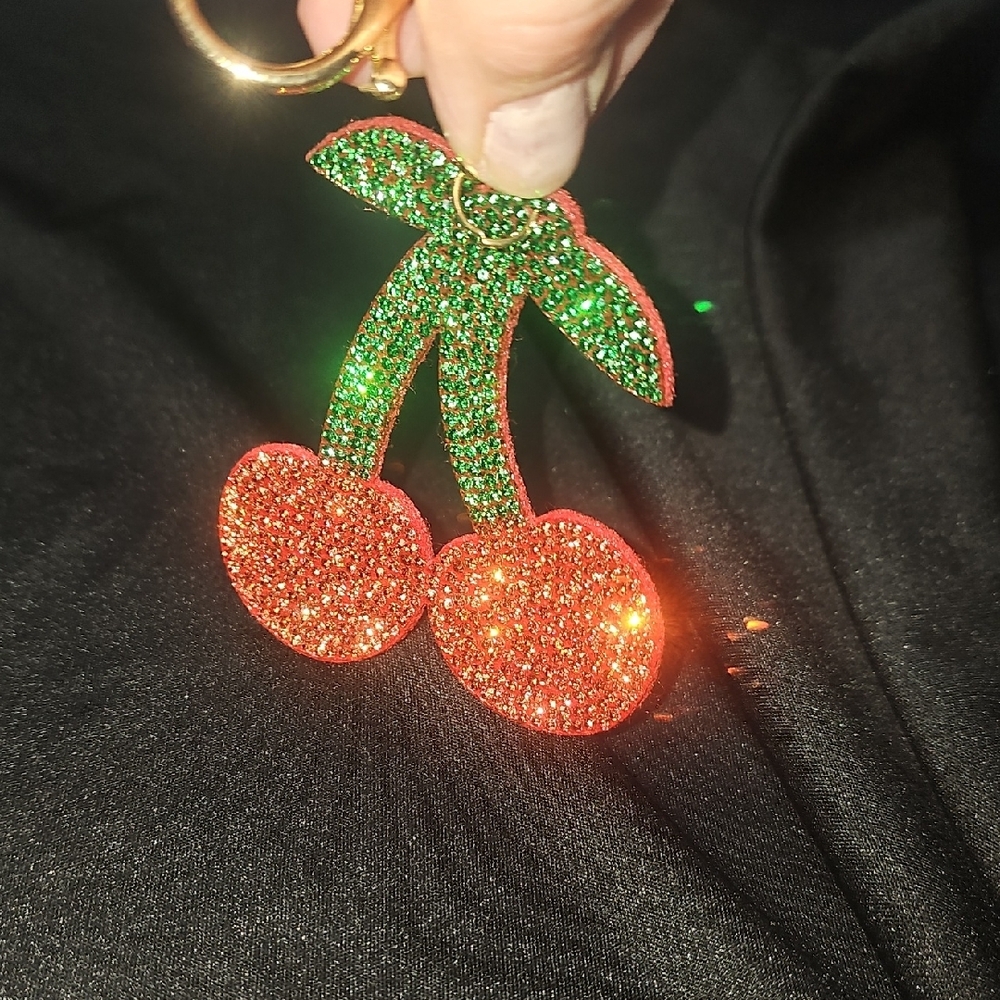 Double Cherry Rhinestone Keychain Bag Charm Qty 2 - Pink & Red NEW - Picture 3 of 4
